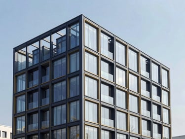 Multi-story modular building, steel frame structure, clean glass facade, daylight, architectural rendering style, 35mm
