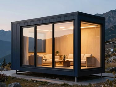 Minimalist tiny house in a mountain landscape, large black-framed windows, evening cozy interior light glowing, 35mm