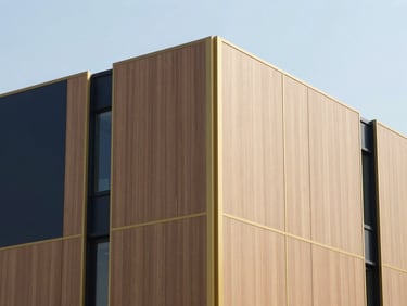 Close-up of a premium modular office building with high-end wood paneling and gold-toned steel joins, bright daylight