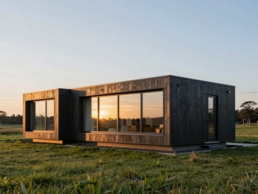 Wide environmental architectural shot of a modern dark wood modular home with large glass windows, situated in a clean meadow at sunset, golden hour light, premium finish.