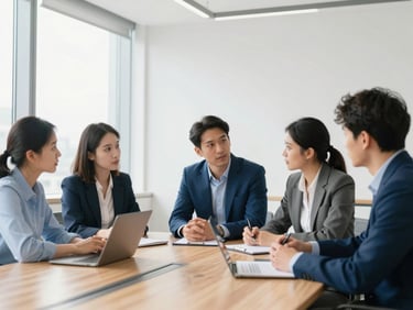 Collaborative team meeting in a bright Draper office, marketing professionals discussing strategy around a clean wooden table, soft natural window light, modern minimalist interior.
