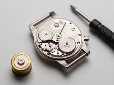Overhead close-up of a watch movement face-up on a pale neutral surface beside a small round battery and precision screwdriver, diffused studio light, minimal and precise composition