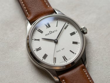 Close overhead shot of a classic dress watch face resting on pale linen, soft diffused studio light, warm metal case detail visible