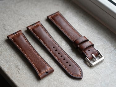 Overhead close-up of two leather watch straps and a NATO strap laid flat on a neutral stone surface, soft window light, stitching detail clear