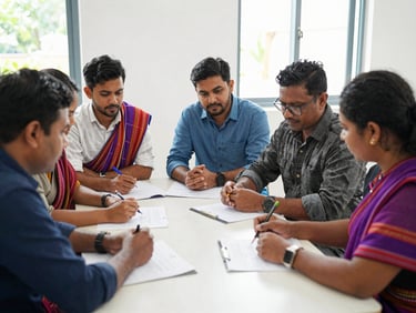 A group of local educators in traditional Meghalaya attire collaborating on curriculum design around a table in a bright, natural-lit room.