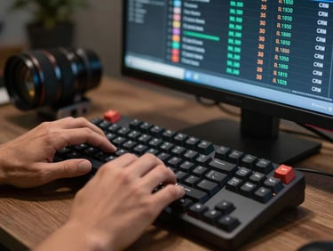 Tight macro shot of technology in use, hands typing on a mechanical keyboard next to a crisp monitor displaying real-time CRM queue metrics, cool corporate lighting.