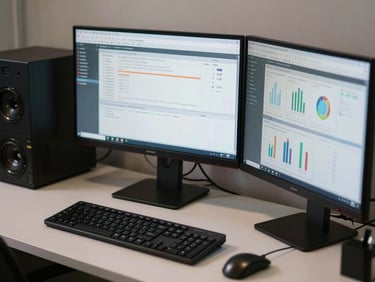 Tight macro shot of a clean developer desk, dual monitors displaying real-time operational dashboard analytics, focused workspace lighting, crisp geometric layout.