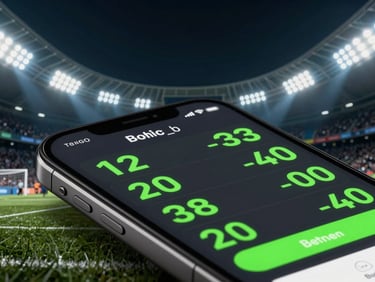 Close-up of a smartphone displaying a sports betting application mockup with neon green odds, high-contrast night stadium background with dramatic floodlights.