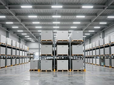 Interior of a vast, modern automated logistics warehouse, clean geometric lines, cool, even lighting, desaturated corporate tones, sharp focus.
