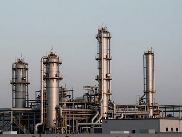 Industrial energy infrastructure at dawn, geometric lines, desaturated tones, wide-angle environmental shot.
