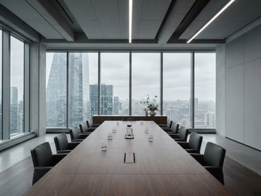 Wide-angle view of a modern, minimalist executive boardroom with a large conference table, cool overcast daylight, sharp focus, desaturated corporate tones, minimalist composition.
