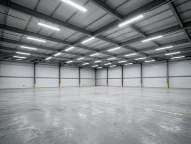 Vast logistics warehouse interior, clean lines, cool light, empty, wide-angle environmental shot.