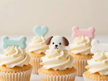 Close-up of vanilla cupcakes topped with cute puppy and bone-shaped toppers, natural light, pastel background