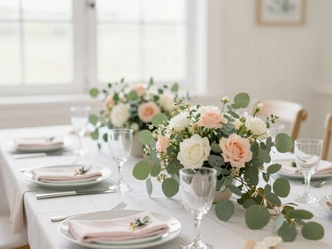 Close-up of a baby shower tablescape with delicate floral arrangements, eucalyptus leaves, and pastel tableware, bright window light.