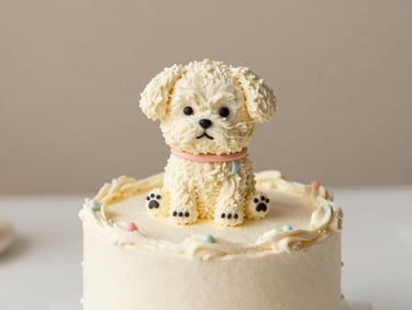 Styled shot of a birthday cake with a puppy-themed cake topper, natural light, pastel frosting