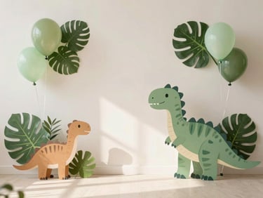 Playful dinosaur themed birthday party decor with muted greens and browns, jungle leaves, natural light, clean composition, soft shadows
