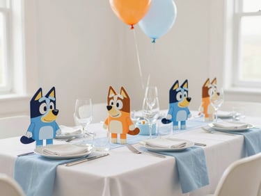 Bluey themed birthday party tablescape with bright blue and orange decorations, natural light, clean composition, soft shadows