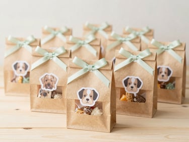 Styled shot of small kraft paper party favor bags with puppy stickers and ribbon, filled with small treats, on a light wooden surface