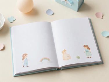 Overhead shot of an open storybook with pastel illustrations, surrounded by delicate baby shower decorations, soft natural light.