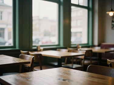 Cozy Scandinavian-style restaurant interior, empty wooden tables, soft diffused natural light through large windows, 35mm film style.