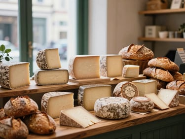 A beautifully arranged display of artisanal cheeses and fresh sourdough bread in a bright boutique market, warm ambient lighting.