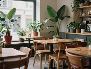 A cozy Scandinavian-inspired market cafe interior, empty inviting dining space, soft natural light, warm wooden chairs, rich forest green plants in ceramic pots.