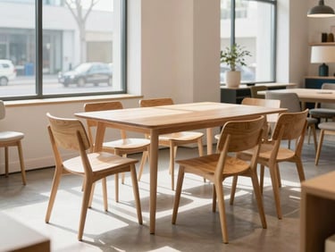 Bright modern furniture showroom display with a minimalist dining table and oak chairs, sun-drenched space, soft shadows, 35mm