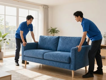 Professional delivery team carefully placing a modern blue sofa in a bright, sun-drenched living room, clean composition, 35mm