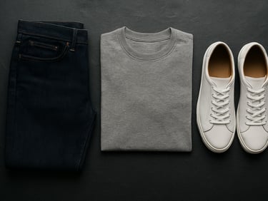 Minimalist flat lay of curated Reserva menswear: dark denim, a grey pima t-shirt, and clean white leather sneakers on a dark slate background.