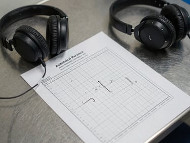 Top-down sterile clinical photograph of a printed audiological reference matrix sheet sitting on a metal laboratory desk next to clinical headphones.