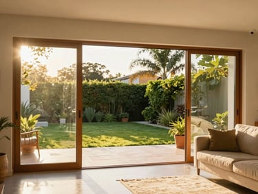 Eye-level welcoming shot of a sun-drenched Argentine living room with large, clean-framed aluminum sliding doors opening to a green garden, warm golden hour sunlight streaming in