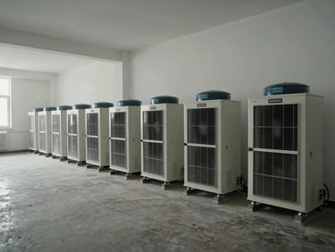 Documentary wide shot, ambient overcast interior light, row of industrial dehumidifiers and high-velocity air movers placed along a bare wall in an empty room during active drying phase, no people