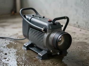 Ground-level documentary shot, overcast interior light, submersible water extraction pump running on a wet concrete floor, water pooling around equipment base, no people