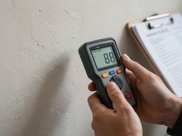 Close-up documentary shot, diffuse interior light, technician's hand holding a moisture meter against bare drywall showing a digital readout, clipboard with written notes visible in background, no faces