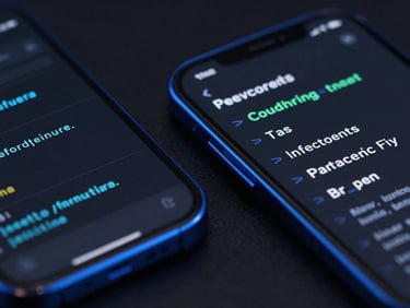 Extreme close-up of a dark-themed mobile UI code editor adjacent to a high-fidelity phone mockup, moody electric blue rim lighting, macro lens.