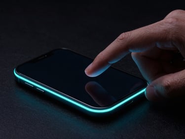 Macro studio shot of a physical hand interacting with a dark-mode mobile screen, vibrant neon mint rim lighting reflecting off the glass edge, high contrast.