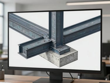 A detailed CAD model on a high-resolution screen showing structural steel joints and concrete foundations in a clean office setting.
