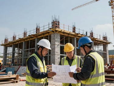 Crisp high-contrast shot of an active, highly organized construction site, structural steel framing rising against a clear daylight sky, engineers reviewing a blueprint in the foreground