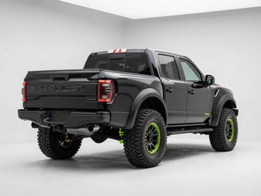 Glossy modern customized Raptor truck parked under bright studio lights, showcasing neon green suspension accents and off-road tires.