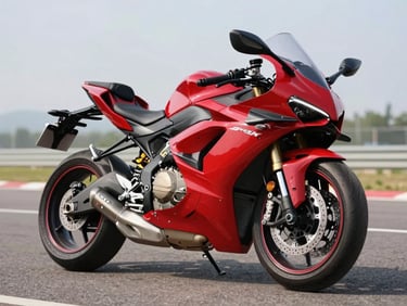 Sleek metallic red sport motorcycle parked on an asphalt track under bright daylight, highlighting the aerodynamic frame and exhaust.