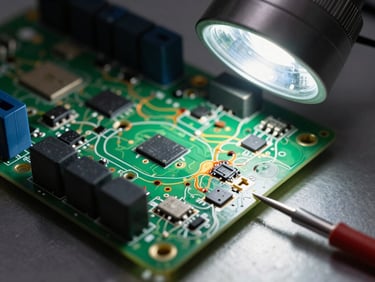 Close-up overhead shot of an industrial temperature control PCB under magnification lamp, damaged relay and burned traces highlighted by a focused work-lamp beam, soldering iron tip visible at the edge of the frame