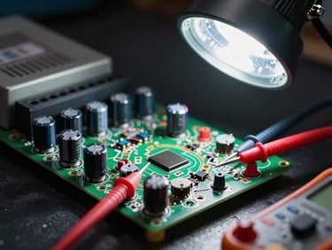 Extreme close-up of a failed industrial switching power supply board on a workbench, burnt capacitors and damaged traces visible under harsh work-lamp light, multimeter probes resting on test points, dark background