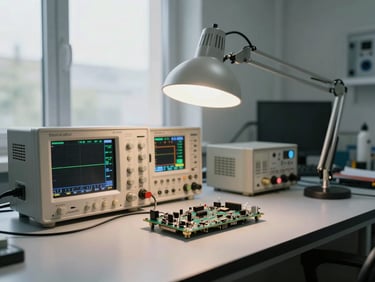 Medium-wide shot of the ElectroLabSur lab interior during an active repair session, oscilloscope and bench power supply in the background showing live readings, circuit board clamped under a work lamp in the foreground, natural north-facing window light mixing with the instrument glow