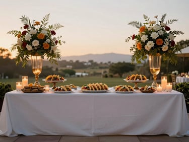 Wide environmental shot of an elegant wedding reception taco station at golden hour, tall floral arrangements flanking a draped serving counter, warm candlelight catching the platters of finished tacos
