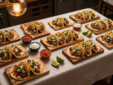 Overhead wide shot of a full taco station spread on a linen-covered banquet table—rows of assembled tacos on wooden boards, small bowls of salsa, diced onion, and lime wedges, warm golden tungsten light from above, no people visible