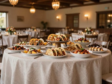 Wide environmental shot of a fully dressed event table with taco platters and Mexican dishes under warm pendant lighting in an elegant venue hall, no people at the table, golden hour color quality, linens and florals visible