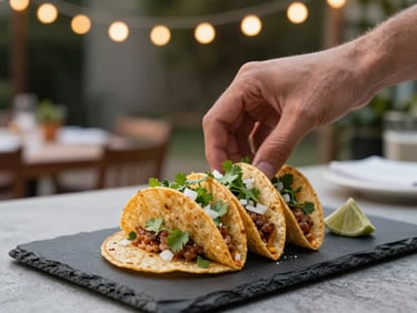 Hands plating a small-batch taco on a dark slate board at a private backyard evening event, tungsten string lights bokeh in background, garnish of cilantro and diced onion visible mid-placement