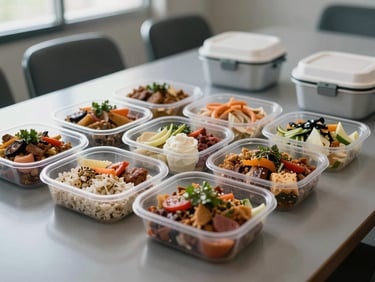 Close-up of elegantly plated corporate lunch boxes with Mexican dishes, individual portions arranged on a polished conference table, cool neutral light from a window to the left