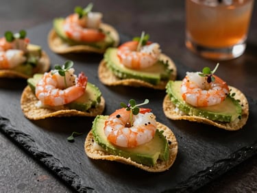 Close-up of cocktail reception appetizers on a black slate board, miniature tostadas with avocado and shrimp, garnished with micro herbs, warm amber side-light
