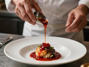 Close-up of a chef's hands carefully ladling red chile sauce over a plated main dish on a white ceramic plate, warm side-lit kitchen environment, steam rising, precise controlled pour